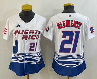 Women%27s Puerto Rico Baseball #21 Roberto Clemente Number 2023 White World Classic Stitched Jerseys
